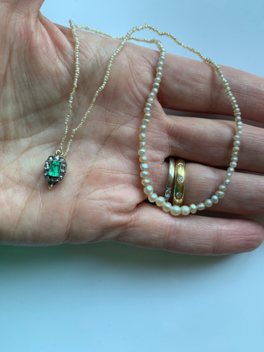 Natural Pearl Georgian Emerald and Diamond Clasped Necklace