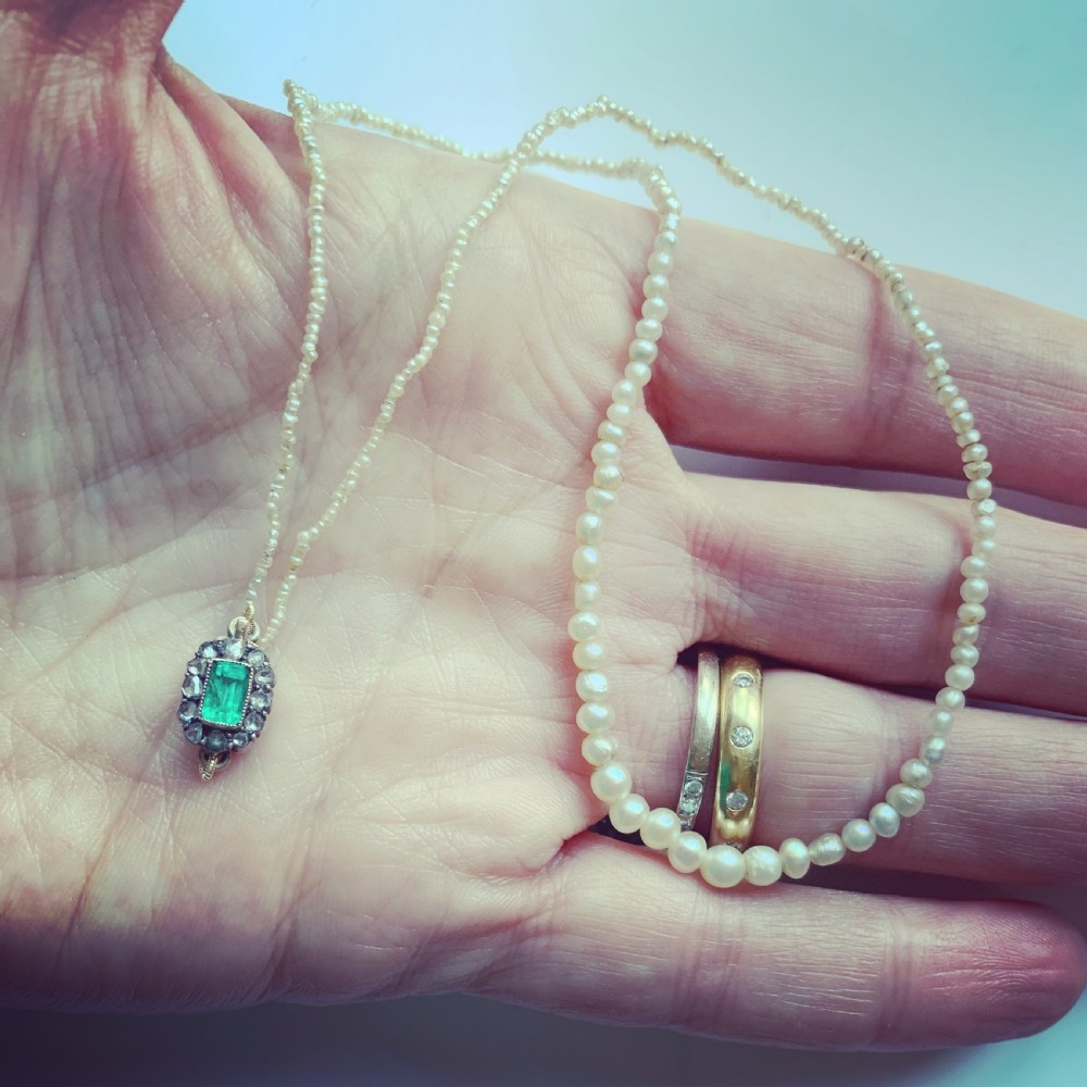 Natural Pearl Georgian Emerald and Diamond Clasped Necklace View VII