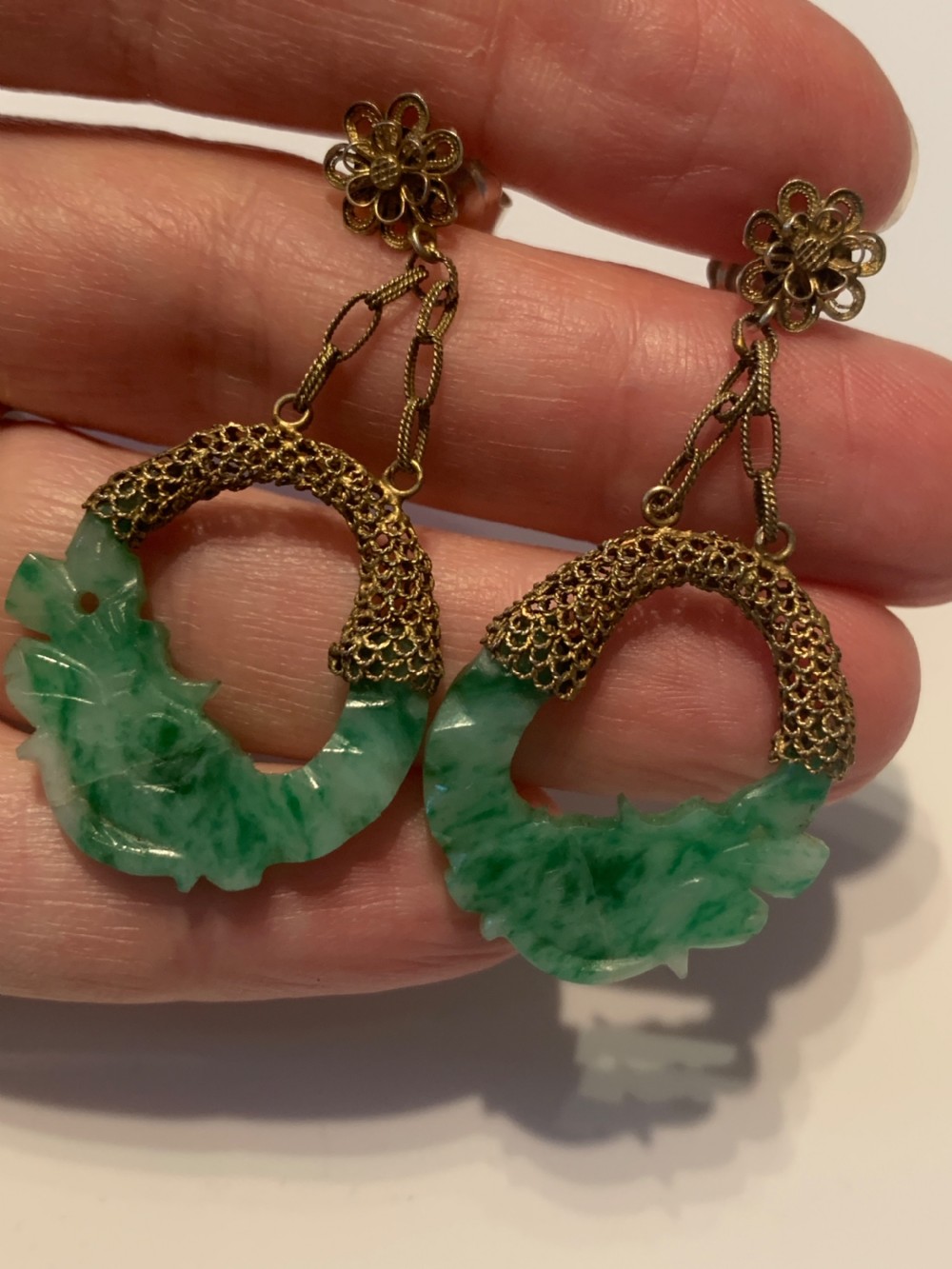 1940s Jade Silver Gilt Earrings