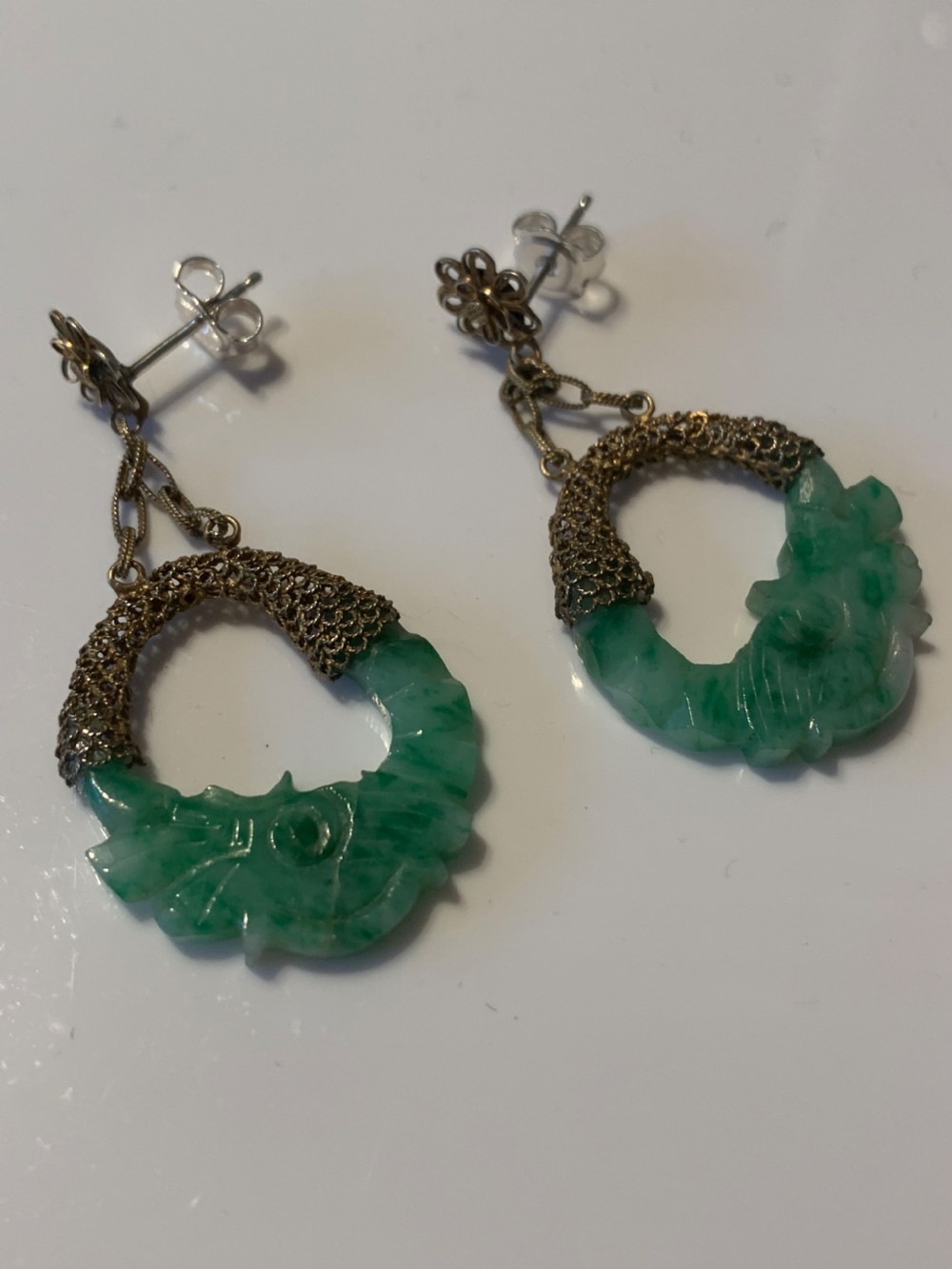 1940s Jade Silver Gilt Earrings View II