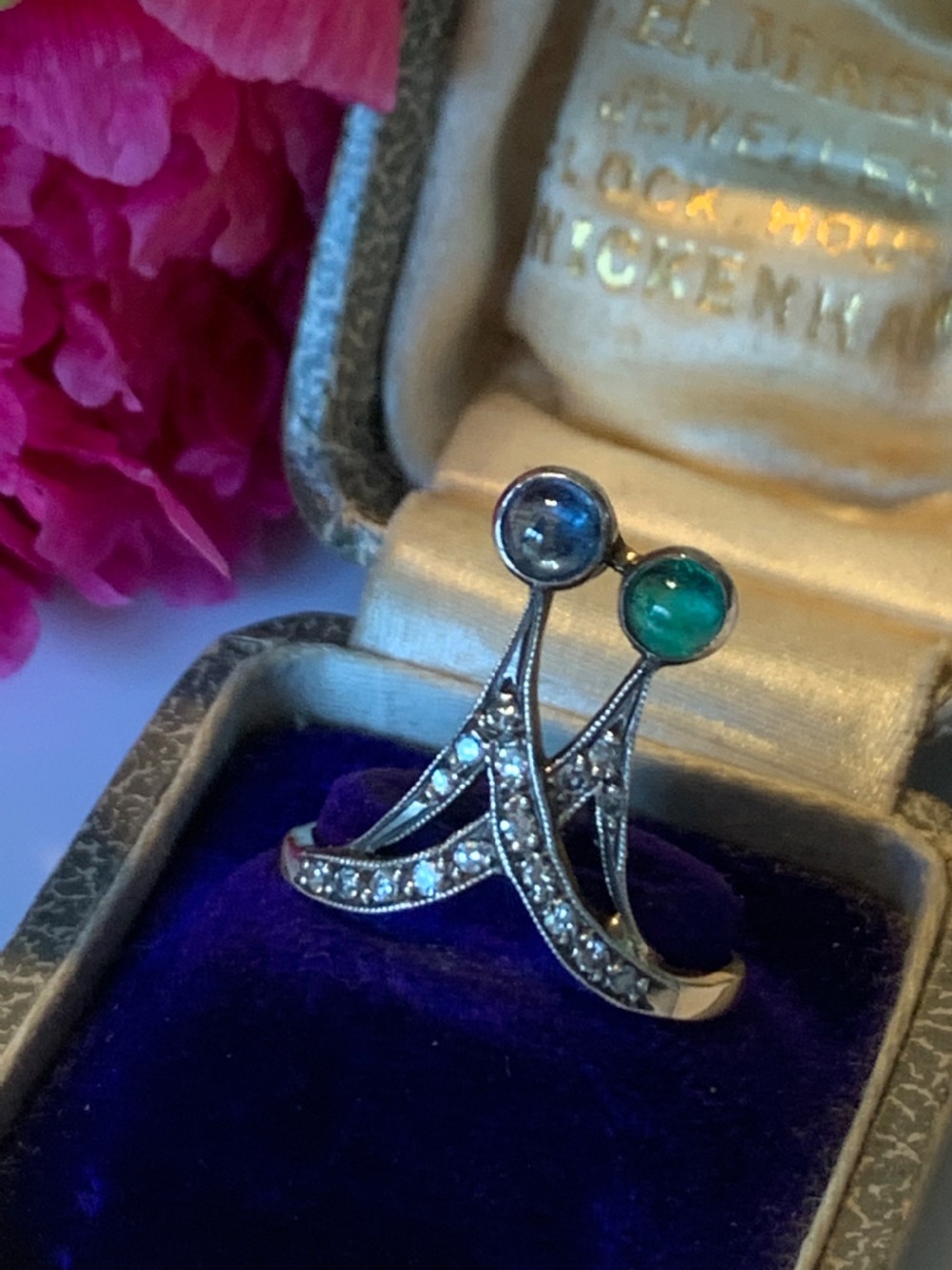 An Art Nouveau Sapphire Emerald and Diamond Ring View II