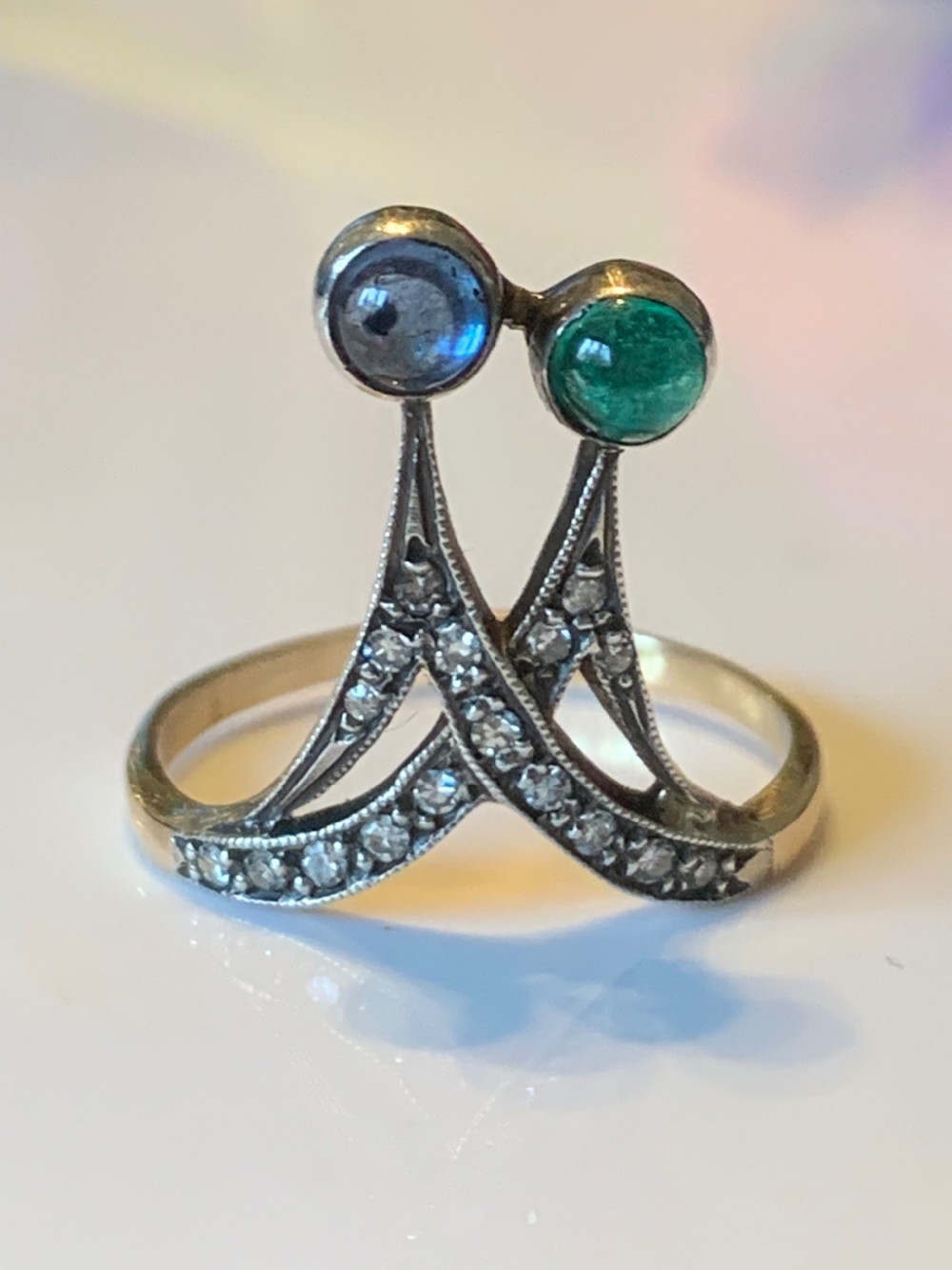 An Art Nouveau Sapphire Emerald and Diamond Ring View III