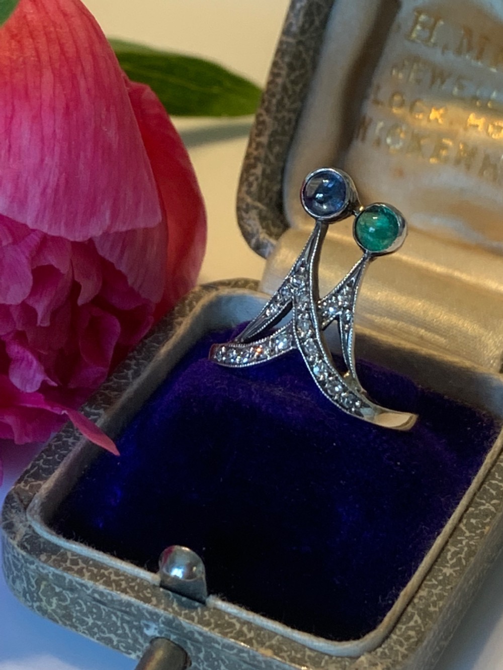 An Art Nouveau Sapphire Emerald and Diamond Ring View V