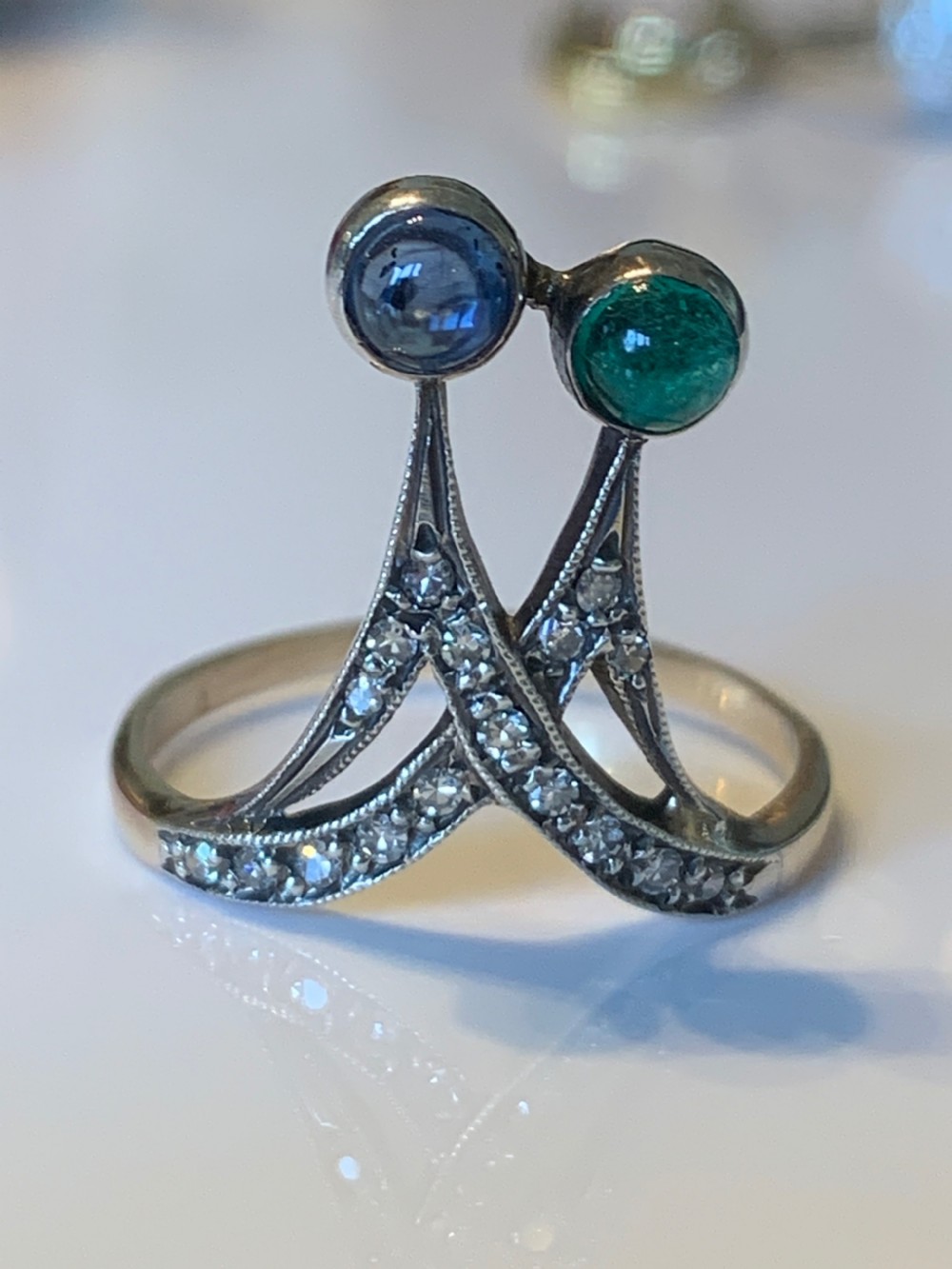An Art Nouveau Sapphire Emerald and Diamond Ring View VI