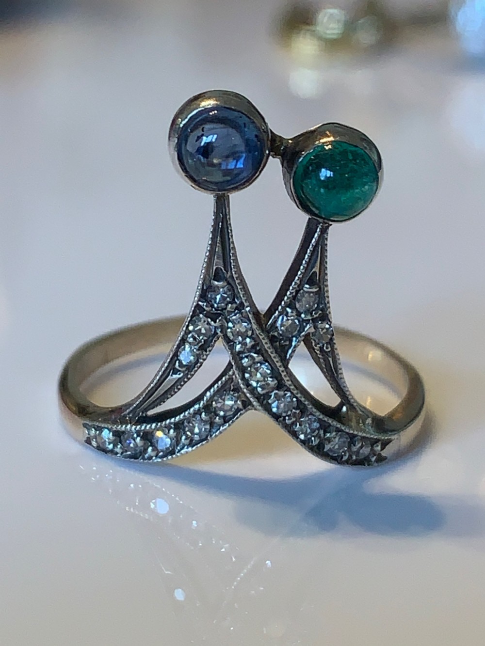An Art Nouveau Sapphire Emerald and Diamond Ring View VII
