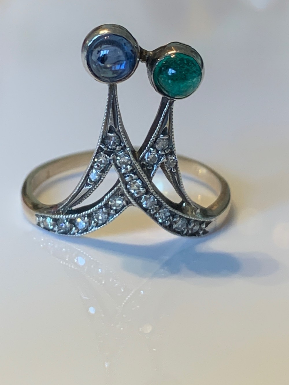 An Art Nouveau Sapphire Emerald and Diamond Ring View VIII