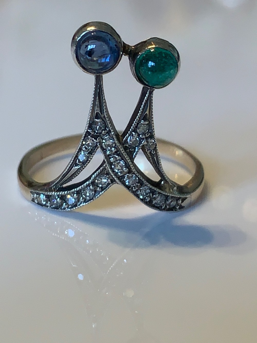 An Art Nouveau Sapphire Emerald and Diamond Ring View IX