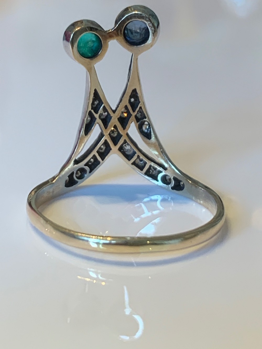 An Art Nouveau Sapphire Emerald and Diamond Ring View X