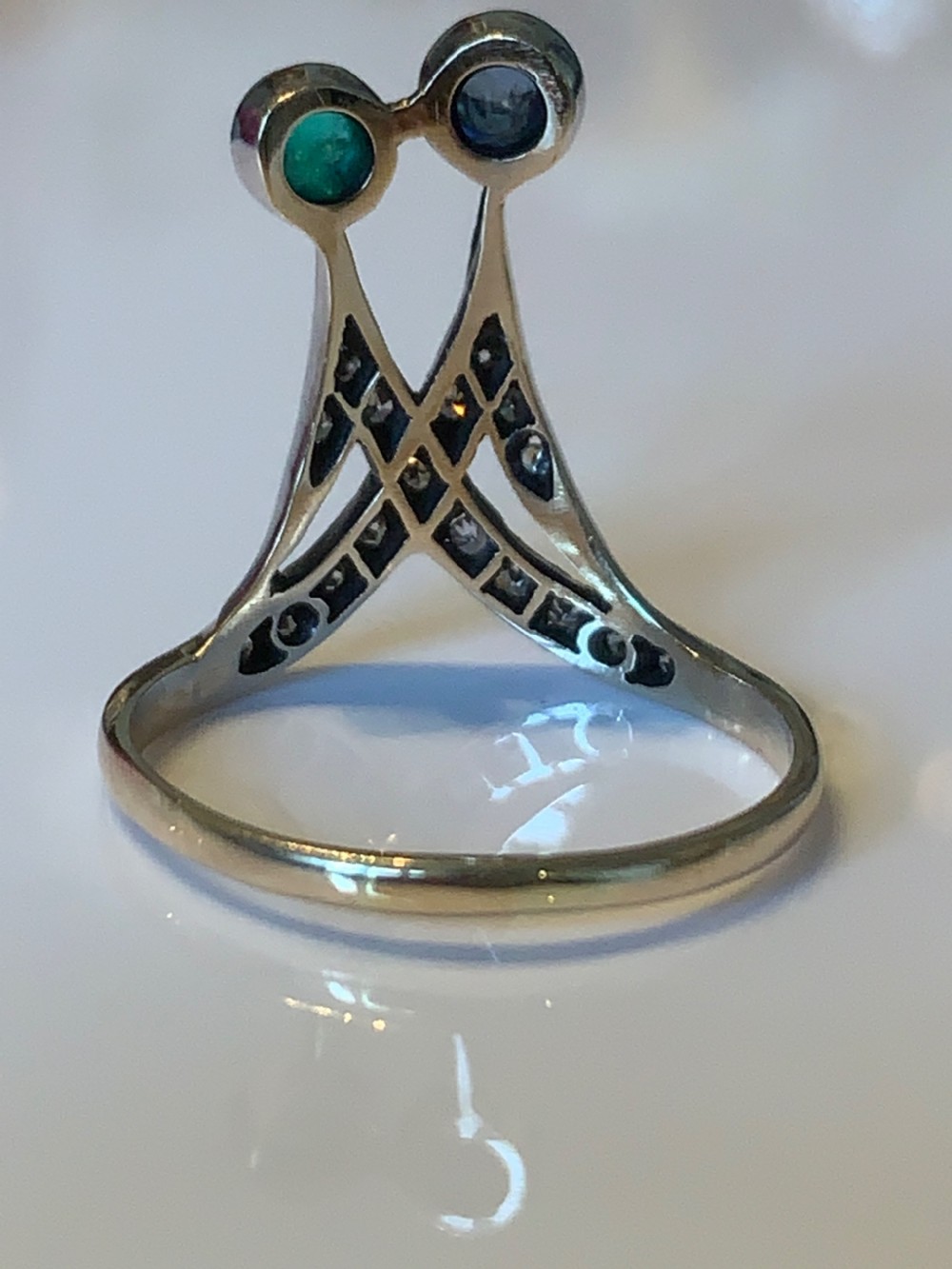 An Art Nouveau Sapphire Emerald and Diamond Ring View XI