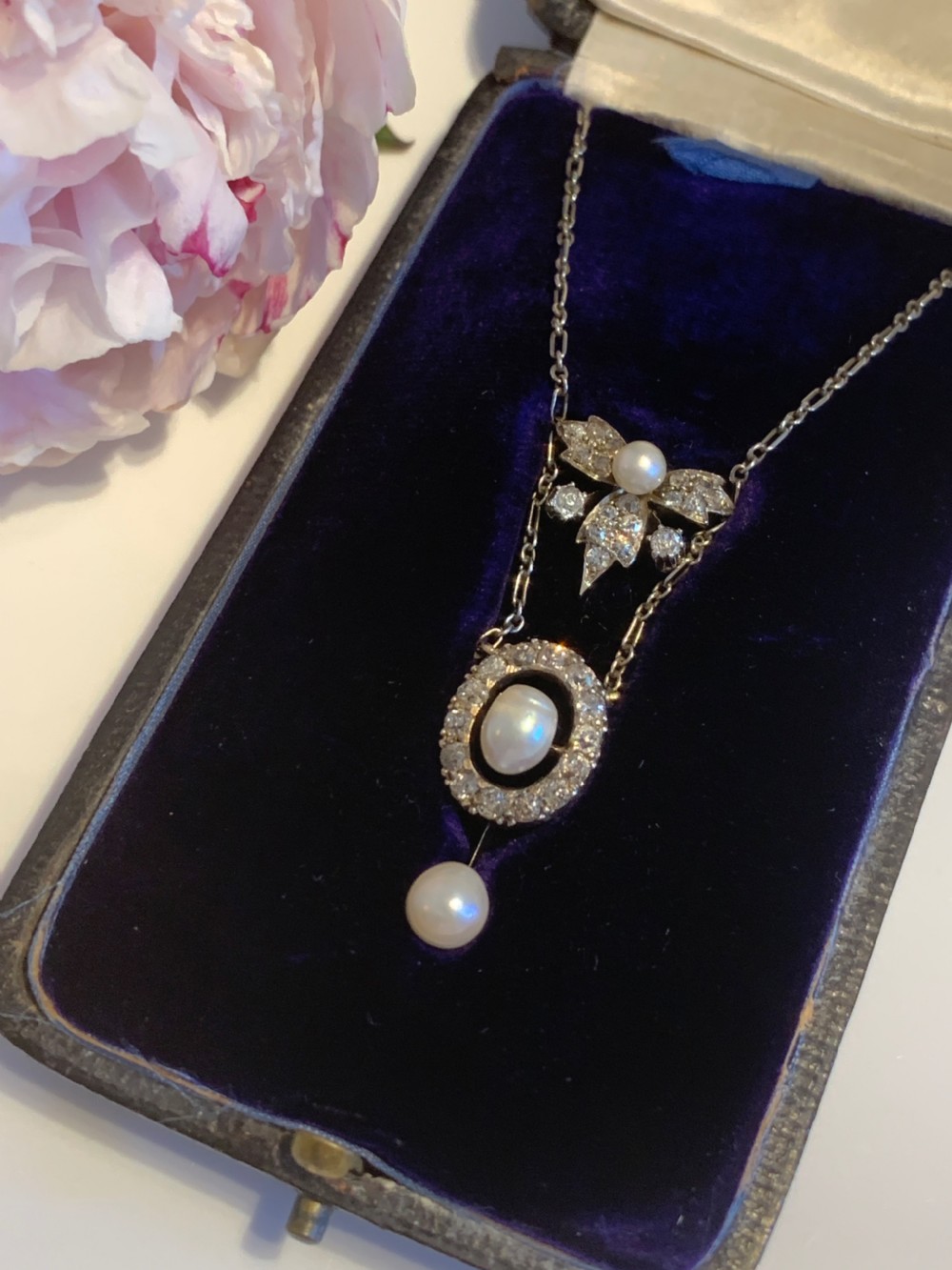 Edwardian Diamond and Pearl Necklace View II