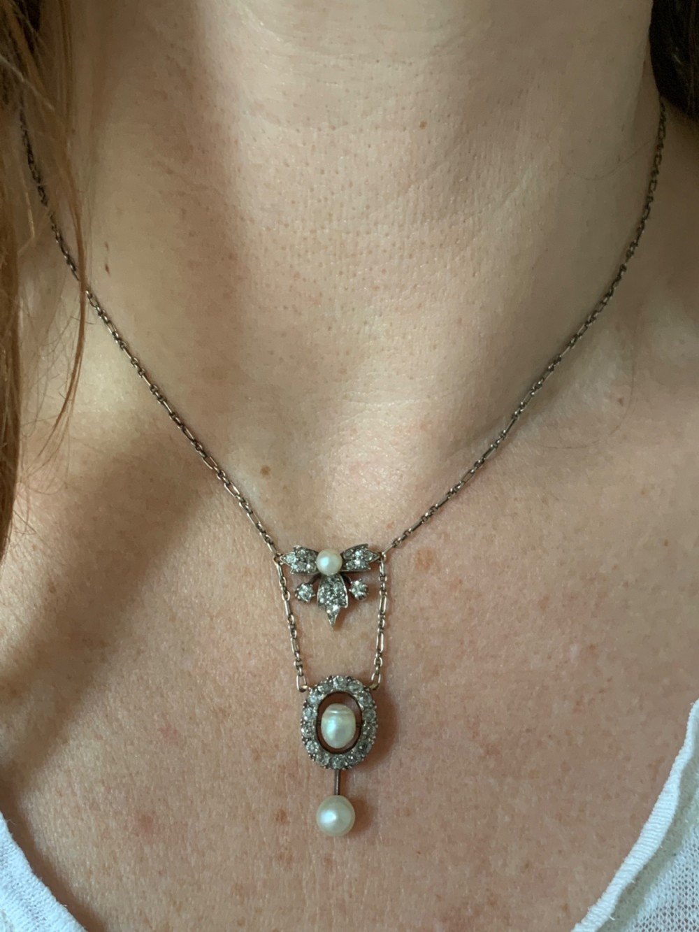 Edwardian Diamond and Pearl Necklace View III