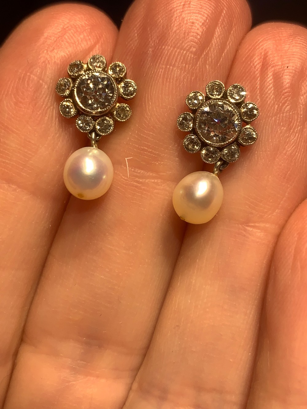 Natural Pearl and 2.5ct Diamond Earrings  View II