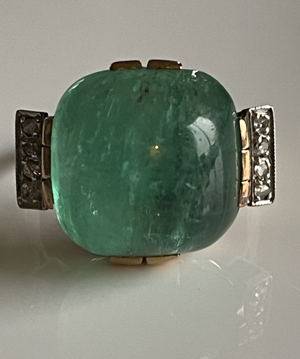 Emerald and Diamond Art Deco Cabochon Ring