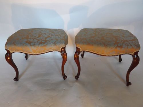 Pair C19th Victorian Walnut Cabriole Leg Stools.