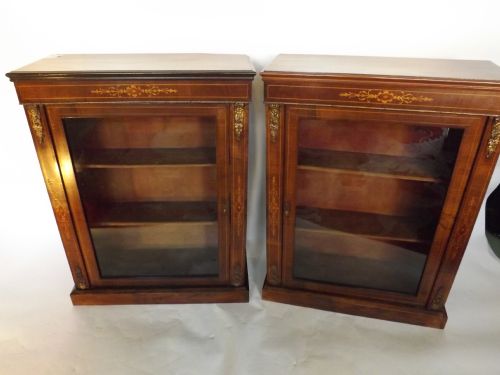 Pair C19th Victorian Period Figured Walnut Dwarf  Pier Cabinets