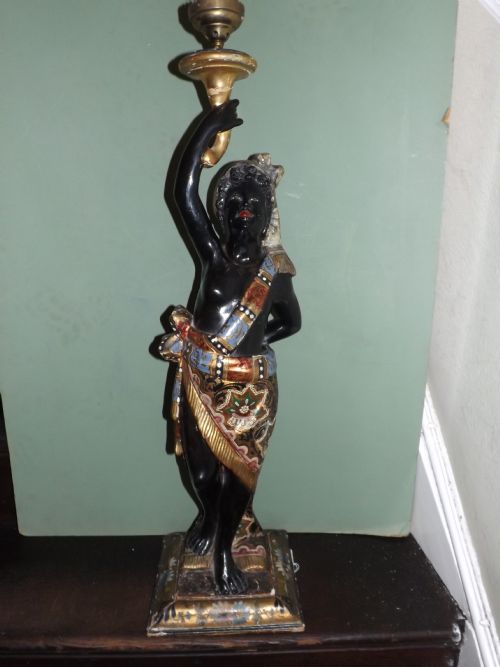 C19th Venetian Polychrome-paint Decorated 'Blackamoor' Table-top Size Lamp-base.