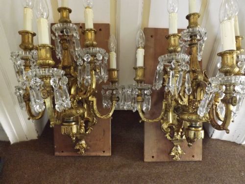 Pair Late C19th Ormolu and Cut-glass Wall-lights /Sconces