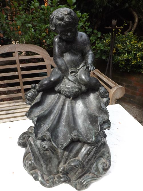 Late C19th Bronze Fountain Modelled as Cherub Riding Astride Shell Upon Foaming Waves.