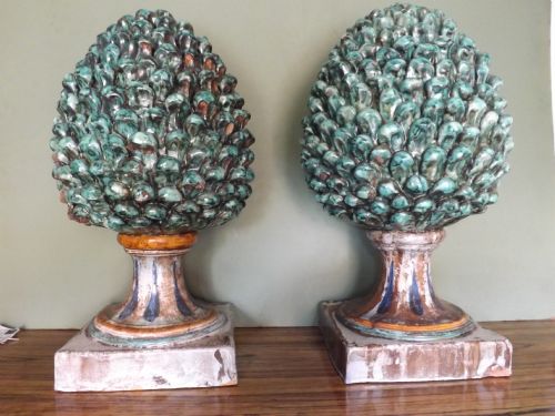 Pair of Early C20th Italian Maiolica Pottery 'Pine-cone' Finial Ornaments.