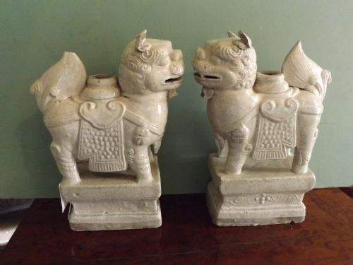 Pair C19th Chinese White Glazed Pottery Kylins or 'Dogs of Fo '