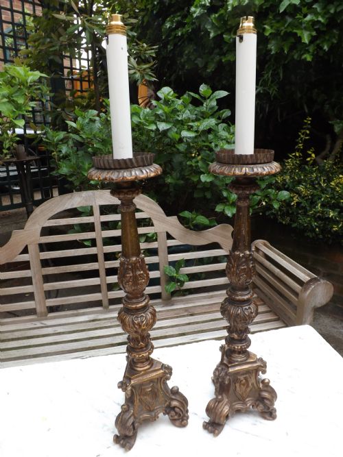 Pair C19th Italian Baroque Style Carved Gilt-wood Lamps