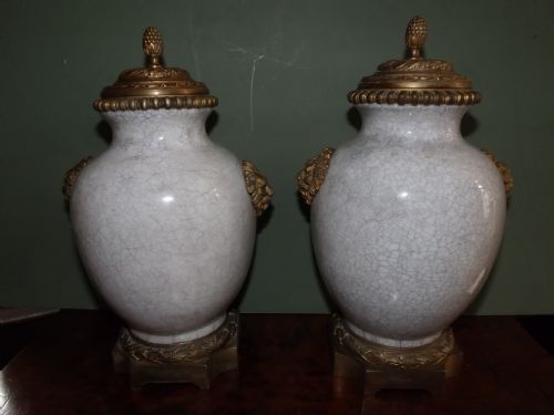 Pair C19th Chinese Gilded-brass Mounted Crackle-glaze Vases