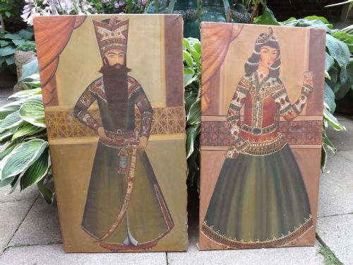 Pair Late C19th Indo-persian School Oil on Canvas Portraits.
