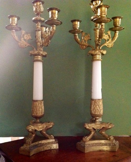 Pair of C19th French Empire-style Ormolu Bronze and White Marble Candelabras
