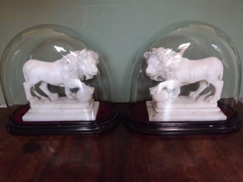 Pair of C19th Italian Carved Alabaster 'Grand Tour' Souvenir "Medici" Lions.