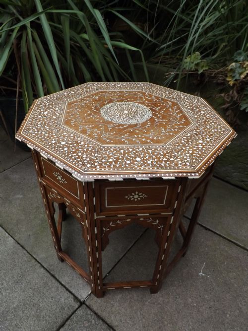Late C19th Indian Ivory-inlaid 'Shisham'(indian Rosewood) Octagonal Table on Hinged Folding Base.