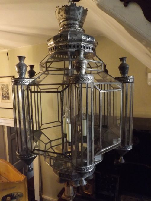 Large Late C19th/early C20th Moorish-design Silvered-brass Hall Lantern.