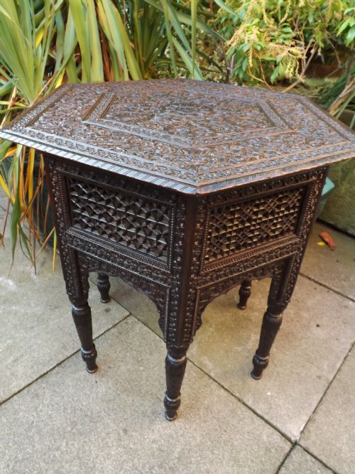 C19th Indian Carved Teak Hexagonal Centre Table.