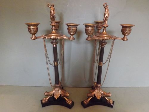 Pair C19th French Patinated Bronze and Ormolu Candelabras in the Empire Taste.
