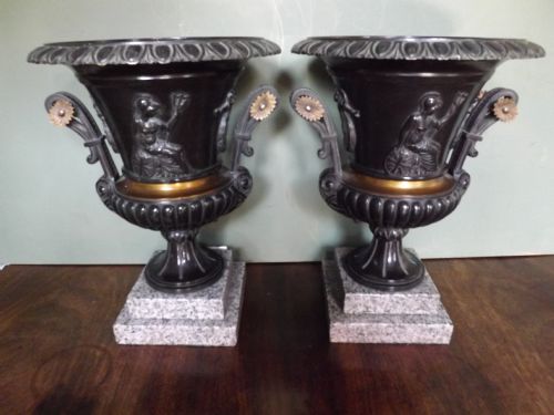 Pair C19th Patinated Bronze and Gilt Bronze Campana-shaped Urns.