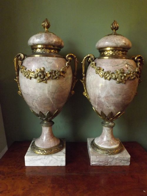 Pair Late C19th French Ormolu-mounted 'Rouge' Marble Urns.
