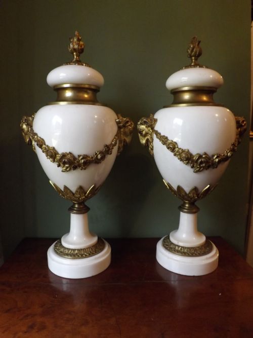 Pair Late C19th/early C20th French Ormolu-mounted White Marble Urns.
