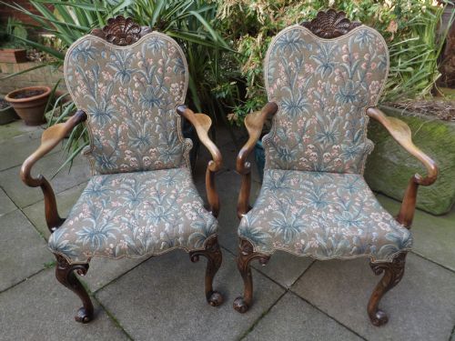 Pair Late C19th/early C20th George I Period Style Walnut Framed Armchairs