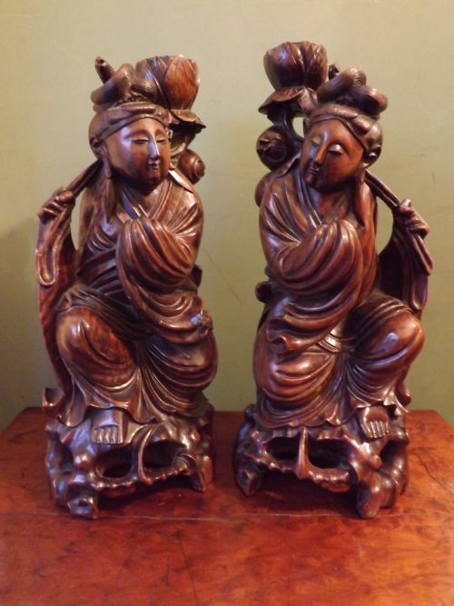Pair Late C19th Chinese Carved Hardwood Figures .
