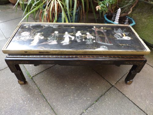 Early C20th Chinese Lacquer Low 'Coffee' Table with Decorative Carved Soap-stone Top