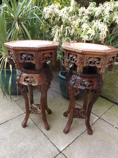 Pair of Late C19th Chinese Carved Hardwood/ 'Hongmu' Inset Marble-top Jardinière or Urn Stands.