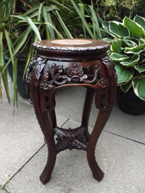 C19th Chinese Carved Hardwood/rosewood Marble-top Jardinière Stand