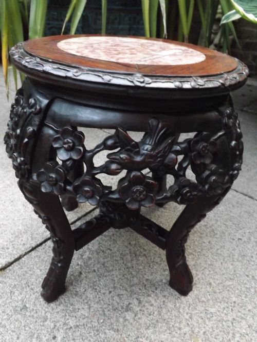 C19th Chinese Carved Hardwood/rosewood Marble-top Miniature Jardinière Stand