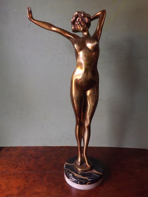 Early C20th Art Deco Period Gilt-bronze Female Nude Figurine by Paul Philippe.