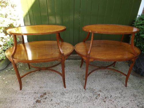 Matched Pair of Late C19th Edwardian Period Inlaid Satinwood Oval 2-Tier Etageres.