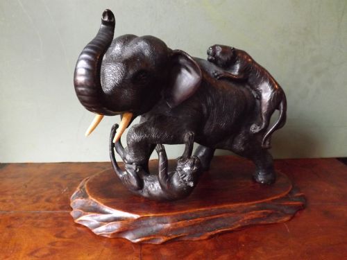 Late C19th Japanese Bronze Study of an Elephant and Two Attacking Tigers.