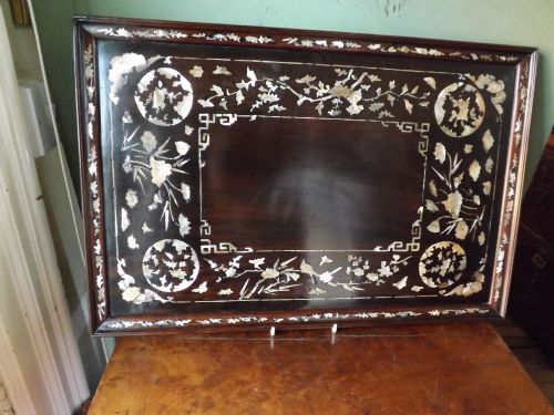 Late C19th Chinese Qing Dynasty 'Mother O'pearl' Inlaid Hardwood Tray .