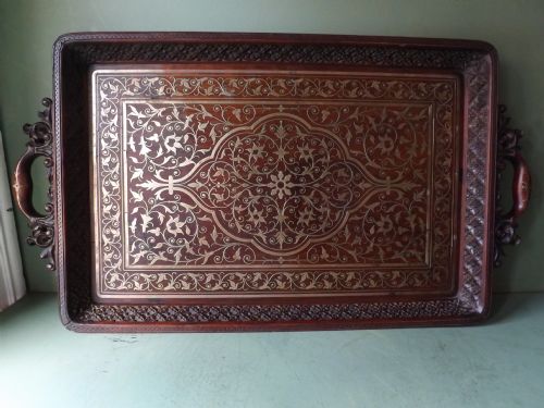 Late C19th Anglo-indian Brass-inlaid Rosewood Tray.