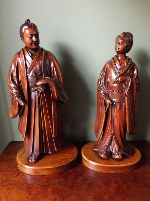 Pair of Late C19th Japanese Meiji Period (1868-1912) Carved Boxwood Okimono Figures.