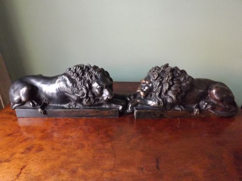Pair of Late C19th 'Grand Tour' Souvenir Bronze Lions After Antonio Canova.