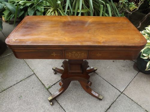 EARLY C19TH REGENCY PERIOD BRASSINLAID ROSEWOOD FOLDOVER 'TEA' TABLE - ADDITIONAL PHOTO 2